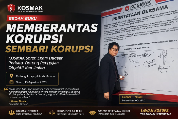 Perwakilan KOSMAK Carrel Ticualu menyampaikan pandangan dalam bedah buku “Memberantas Korupsi Sembari Korupsi” di Gedung Tempo, Jakarta Selatan, Senin (10/8/2026).
